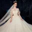 Romantisch Champagner Brautkleider / Hochzeitskleider 2019 Ballkleid V-Ausschnitt Geschwollenes Kurze Ärmel Rückenfreies Blumen Perle Glanz Applikationen Spitze Perlenstickerei Kathedrale Schleppe Rüschen