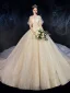 Romantisch Champagner Brautkleider / Hochzeitskleider 2019 Ballkleid V-Ausschnitt Geschwollenes Kurze Ärmel Rückenfreies Blumen Perle Glanz Applikationen Spitze Perlenstickerei Kathedrale Schleppe Rüschen