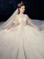 Romantisch Champagner Brautkleider / Hochzeitskleider 2019 Ballkleid V-Ausschnitt Geschwollenes Kurze Ärmel Rückenfreies Blumen Perle Glanz Applikationen Spitze Perlenstickerei Kathedrale Schleppe Rüschen