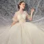 Romantisch Champagner Brautkleider / Hochzeitskleider 2019 Ballkleid V-Ausschnitt Geschwollenes Kurze Ärmel Rückenfreies Blumen Perle Glanz Applikationen Spitze Perlenstickerei Kathedrale Schleppe Rüschen