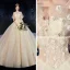 Romantisch Champagner Brautkleider / Hochzeitskleider 2019 Ballkleid V-Ausschnitt Geschwollenes Kurze Ärmel Rückenfreies Blumen Perle Glanz Applikationen Spitze Perlenstickerei Kathedrale Schleppe Rüschen