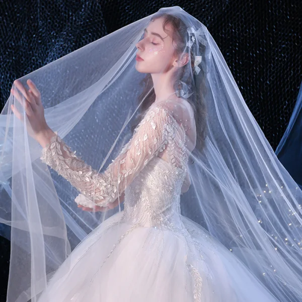 Romantique Ivoire Transparentes Robe De Mariée 2019 Robe Boule Encolure Carrée Manches Longues Dos Nu Perlage Appliques En Dentelle Cathedral Train Volants