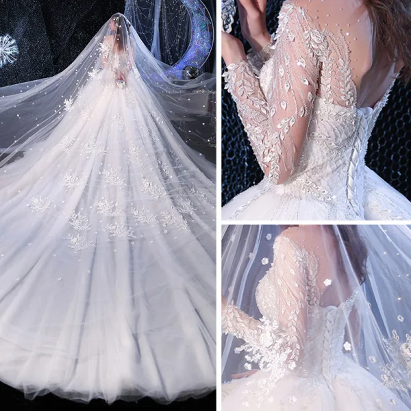 Romantique Ivoire Transparentes Robe De Mariée 2019 Robe Boule Encolure Carrée Manches Longues Dos Nu Perlage Appliques En Dentelle Cathedral Train Volants
