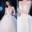 Romantique Ivoire Transparentes Robe De Mariée 2019 Robe Boule Encolure Carrée Manches Longues Dos Nu Perlage Appliques En Dentelle Cathedral Train Volants