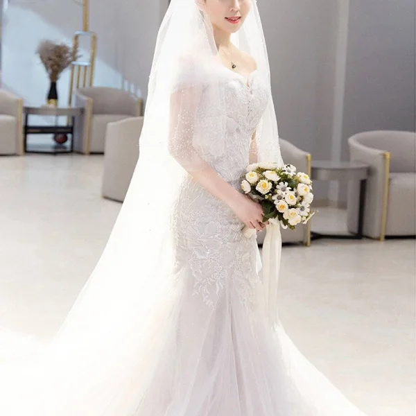 Elegant Ivory Wedding Dresses 2019 Trumpet / Mermaid Off-The-Shoulder Short Sleeve Backless Appliques Lace Chapel Train Ruffle