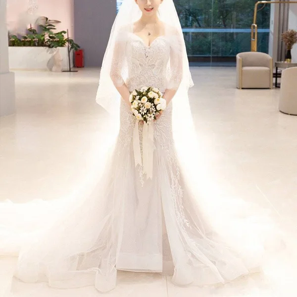 Elegant Ivory Wedding Dresses 2019 Trumpet / Mermaid Off-The-Shoulder Short Sleeve Backless Appliques Lace Chapel Train Ruffle