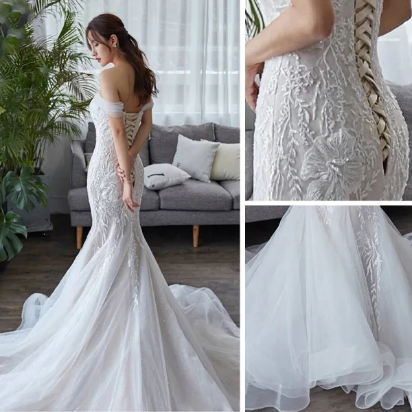 Elegant Ivory Wedding Dresses 2019 Trumpet / Mermaid Off-The-Shoulder Short Sleeve Backless Appliques Lace Chapel Train Ruffle