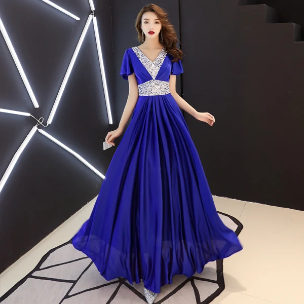 Affordable Royal Blue Evening Dresses 2019 A-Line / Princess V-Neck Short Sleeve Rhinestone Floor-Length / Long Ruffle Backless Formal Dresses