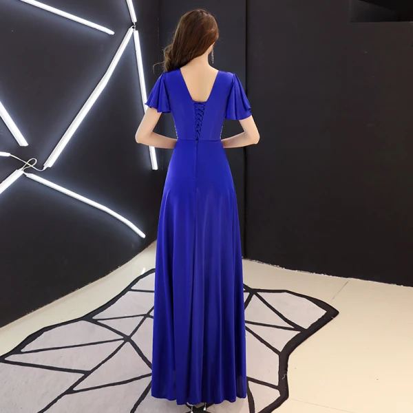 Affordable Royal Blue Evening Dresses 2019 A-Line / Princess V-Neck Short Sleeve Rhinestone Floor-Length / Long Ruffle Backless Formal Dresses