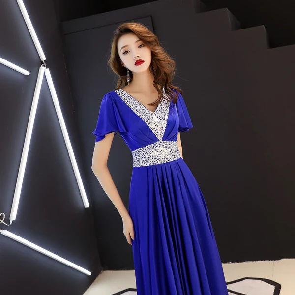 Affordable Royal Blue Evening Dresses 2019 A-Line / Princess V-Neck Short Sleeve Rhinestone Floor-Length / Long Ruffle Backless Formal Dresses