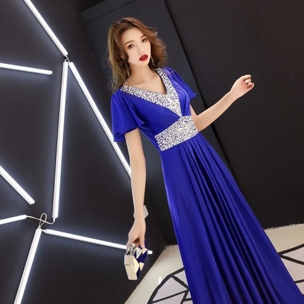 Affordable Royal Blue Evening Dresses 2019 A-Line / Princess V-Neck Short Sleeve Rhinestone Floor-Length / Long Ruffle Backless Formal Dresses