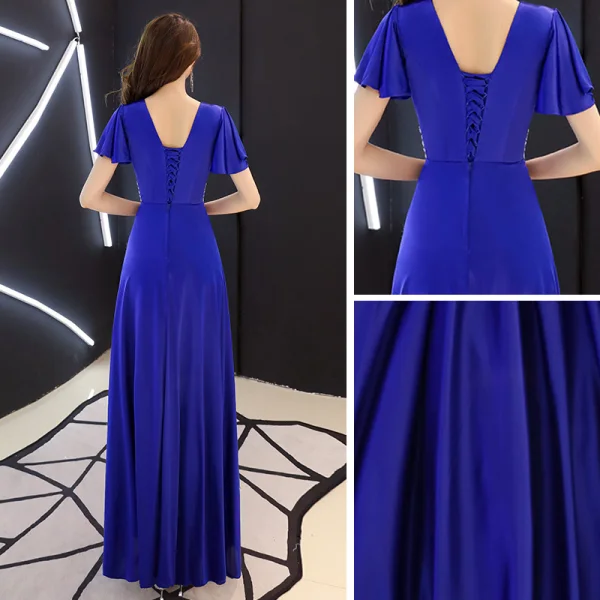 Affordable Royal Blue Evening Dresses 2019 A-Line / Princess V-Neck Short Sleeve Rhinestone Floor-Length / Long Ruffle Backless Formal Dresses