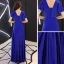 Affordable Royal Blue Evening Dresses  2019 A-Line / Princess V-Neck Short Sleeve Rhinestone Floor-Length / Long Ruffle Backless Formal Dresses