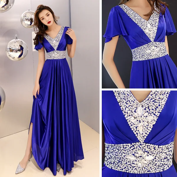 Affordable Royal Blue Evening Dresses 2019 A-Line / Princess V-Neck Short Sleeve Rhinestone Floor-Length / Long Ruffle Backless Formal Dresses