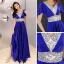Affordable Royal Blue Evening Dresses  2019 A-Line / Princess V-Neck Short Sleeve Rhinestone Floor-Length / Long Ruffle Backless Formal Dresses