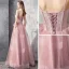 Schöne Pearl Rosa Abendkleider 2019 A Linie Spaghettiträger Ärmellos Perlenstickerei Schleife Lange Rüschen Rückenfreies Festliche Kleider