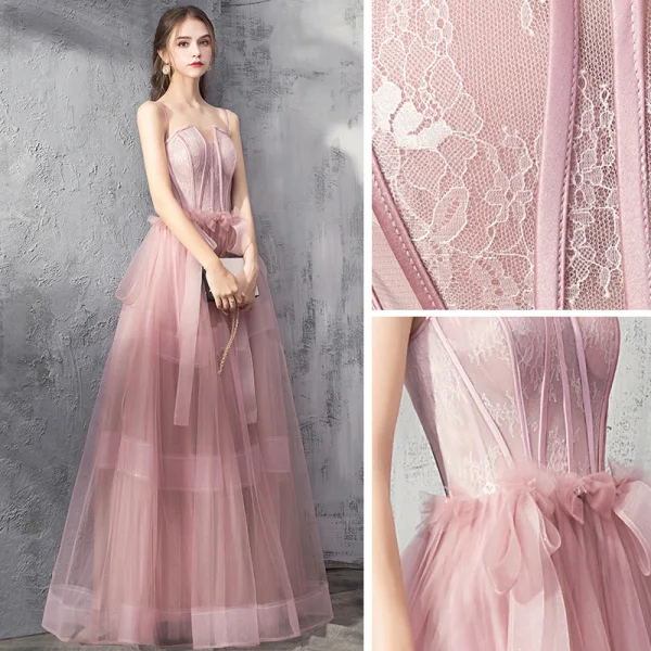 Schöne Pearl Rosa Abendkleider 2019 A Linie Spaghettiträger Ärmellos Perlenstickerei Schleife Lange Rüschen Rückenfreies Festliche Kleider