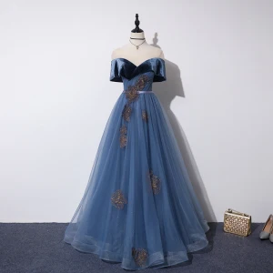 Élégant Océan Bleu Robe De Bal 2019 Princesse Transparentes Encolure Dégagée Manches Courtes Glitter Tulle Appliques En Dentelle Perlage Ceinture Longue Volants Dos Nu Robe De Ceremonie