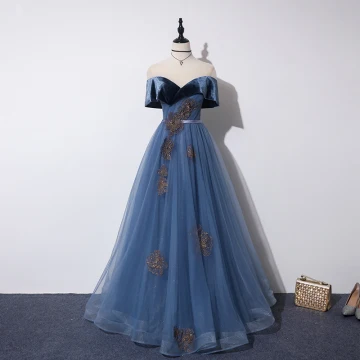 Élégant Océan Bleu Robe De Bal 2019 Princesse Transparentes Encolure Dégagée Manches Courtes Glitter Tulle Appliques En Dentelle Perlage Ceinture Longue Volants Dos Nu Robe De Ceremonie