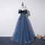 Élégant Océan Bleu Robe De Bal 2019 Princesse Transparentes Encolure Dégagée Manches Courtes Glitter Tulle Appliques En Dentelle Perlage Ceinture Longue Volants Dos Nu Robe De Ceremonie