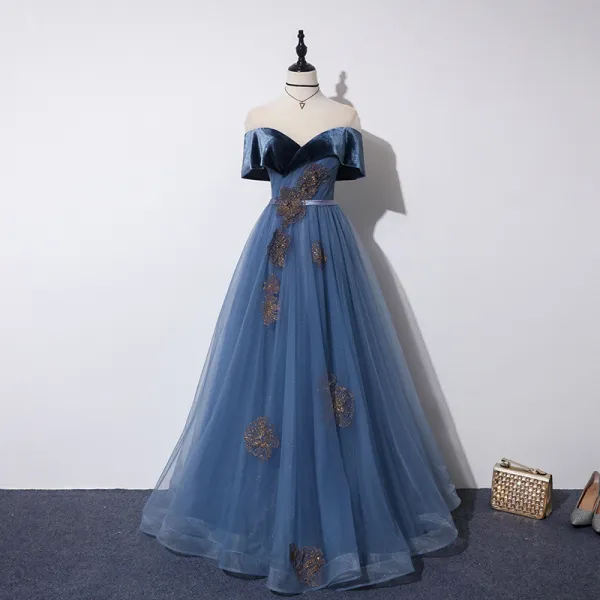Elegant Ocean Blue Prom Dresses 2019 A-Line / Princess See-through Scoop Neck Short Sleeve Glitter Tulle Appliques Lace Beading Sash Floor-Length / Long Ruffle Backless Formal Dresses
