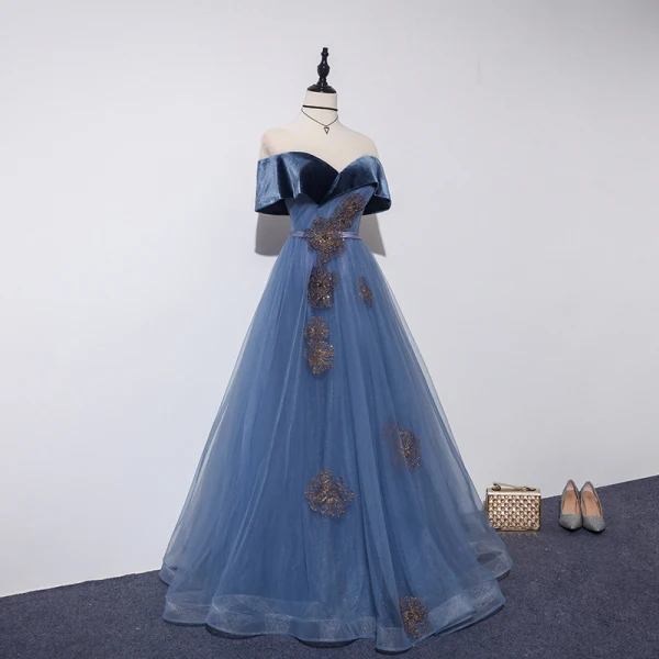 Élégant Océan Bleu Robe De Bal 2019 Princesse Transparentes Encolure Dégagée Manches Courtes Glitter Tulle Appliques En Dentelle Perlage Ceinture Longue Volants Dos Nu Robe De Ceremonie