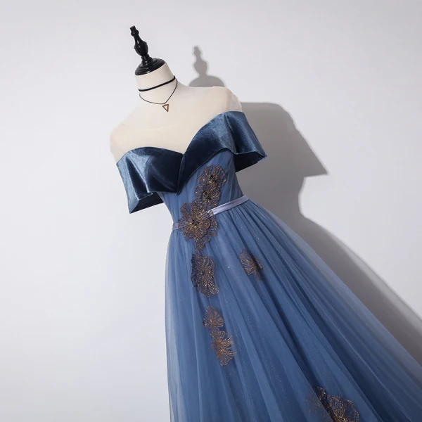 Élégant Océan Bleu Robe De Bal 2019 Princesse Transparentes Encolure Dégagée Manches Courtes Glitter Tulle Appliques En Dentelle Perlage Ceinture Longue Volants Dos Nu Robe De Ceremonie