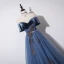 Élégant Océan Bleu Robe De Bal 2019 Princesse Transparentes Encolure Dégagée Manches Courtes Glitter Tulle Appliques En Dentelle Perlage Ceinture Longue Volants Dos Nu Robe De Ceremonie