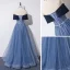 Élégant Océan Bleu Robe De Bal 2019 Princesse Transparentes Encolure Dégagée Manches Courtes Glitter Tulle Appliques En Dentelle Perlage Ceinture Longue Volants Dos Nu Robe De Ceremonie