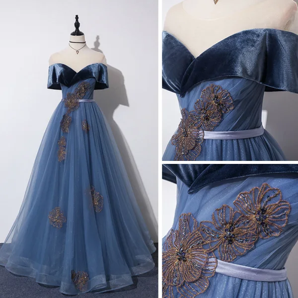Élégant Océan Bleu Robe De Bal 2019 Princesse Transparentes Encolure Dégagée Manches Courtes Glitter Tulle Appliques En Dentelle Perlage Ceinture Longue Volants Dos Nu Robe De Ceremonie