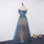 Best Ocean Blue Evening Dresses  2019 A-Line / Princess Off-The-Shoulder Beading Short Sleeve Sequins Floor-Length / Long Ruffle Backless Formal Dresses