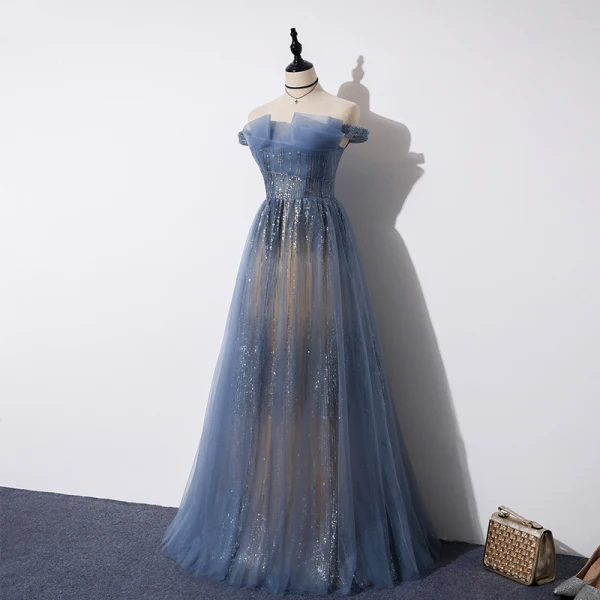 Best Ocean Blue Evening Dresses 2019 A-Line / Princess Off-The-Shoulder Beading Short Sleeve Sequins Floor-Length / Long Ruffle Backless Formal Dresses