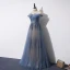 Best Ocean Blue Evening Dresses  2019 A-Line / Princess Off-The-Shoulder Beading Short Sleeve Sequins Floor-Length / Long Ruffle Backless Formal Dresses