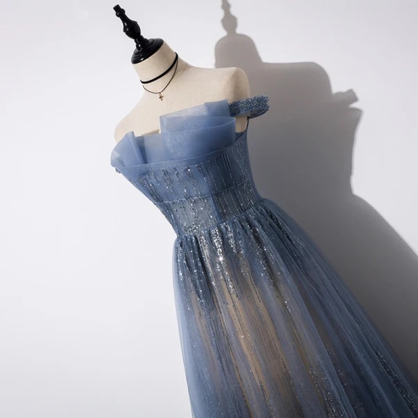 Best Ocean Blue Evening Dresses 2019 A-Line / Princess Off-The-Shoulder Beading Short Sleeve Sequins Floor-Length / Long Ruffle Backless Formal Dresses