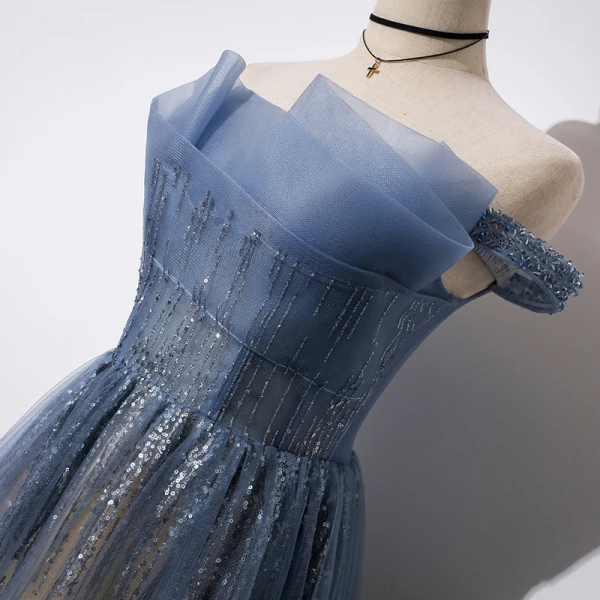 Best Ocean Blue Evening Dresses 2019 A-Line / Princess Off-The-Shoulder Beading Short Sleeve Sequins Floor-Length / Long Ruffle Backless Formal Dresses