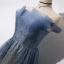 Best Ocean Blue Evening Dresses  2019 A-Line / Princess Off-The-Shoulder Beading Short Sleeve Sequins Floor-Length / Long Ruffle Backless Formal Dresses