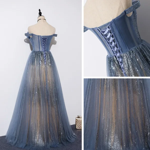 Best Ocean Blue Evening Dresses 2019 A-Line / Princess Off-The-Shoulder Beading Short Sleeve Sequins Floor-Length / Long Ruffle Backless Formal Dresses