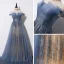 Best Ocean Blue Evening Dresses  2019 A-Line / Princess Off-The-Shoulder Beading Short Sleeve Sequins Floor-Length / Long Ruffle Backless Formal Dresses
