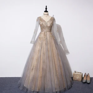 Chic Beautiful Grey Gold Evening Dresses 2019 A Line Princess V Neck Long Sleeve Sequins Beading Glitter Tulle Floor Length Long Ruffle Backless Formal Dresses