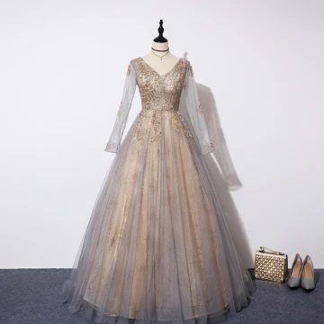 Chic Belle Gris Doré Robe De Soirée 2019 Princesse V Cou Manches Longues Paillettes Perlage Glitter Tulle Longue Volants Dos Nu Robe De Ceremonie