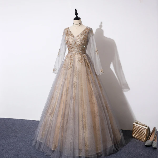 Chic / Beautiful Grey Gold Evening Dresses  2019 A-Line / Princess V-Neck Long Sleeve Sequins Beading Glitter Tulle Floor-Length / Long Ruffle Backless Formal Dresses