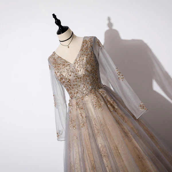 Chic / Beautiful Grey Gold Evening Dresses  2019 A-Line / Princess V-Neck Long Sleeve Sequins Beading Glitter Tulle Floor-Length / Long Ruffle Backless Formal Dresses