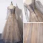 Chic / Beautiful Grey Gold Evening Dresses  2019 A-Line / Princess V-Neck Long Sleeve Sequins Beading Glitter Tulle Floor-Length / Long Ruffle Backless Formal Dresses