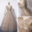 Chic / Beautiful Grey Gold Evening Dresses  2019 A-Line / Princess V-Neck Long Sleeve Sequins Beading Glitter Tulle Floor-Length / Long Ruffle Backless Formal Dresses