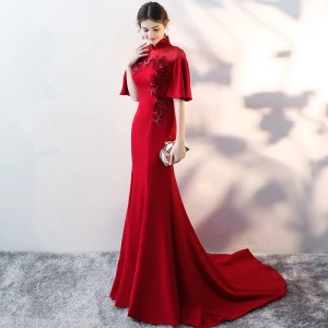 Style Chinois Bordeaux Robe De Soirée 2017 Trompette Sirène Col Haut 1 2 Manches Appliques Fleur Paillettes Perlage Tribunal Train Robe De Ceremonie