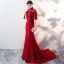 Chinese style Burgundy Evening Dresses  2017 Trumpet / Mermaid High Neck 1/2 Sleeves Appliques Flower Sequins Beading Court Train Formal Dresses