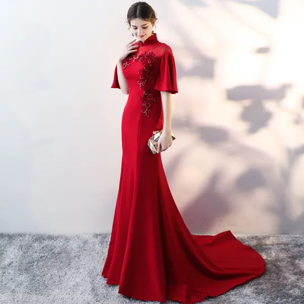 Chinese style Burgundy Evening Dresses  2017 Trumpet / Mermaid High Neck 1/2 Sleeves Appliques Flower Sequins Beading Court Train Formal Dresses