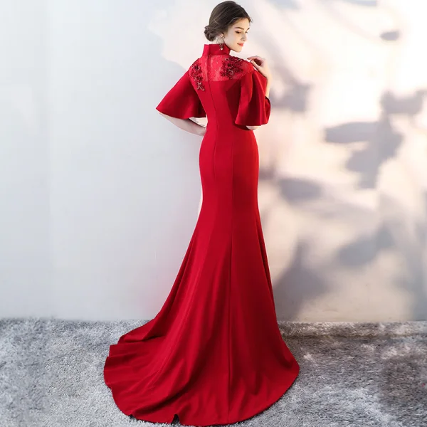 Chinese style Burgundy Evening Dresses 2017 Trumpet / Mermaid High Neck 1/2 Sleeves Appliques Flower Sequins Beading Court Train Formal Dresses