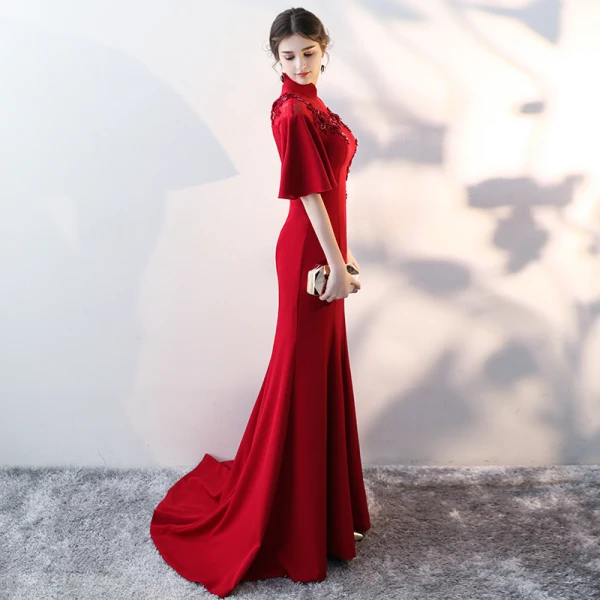 Chinese style Burgundy Evening Dresses 2017 Trumpet / Mermaid High Neck 1/2 Sleeves Appliques Flower Sequins Beading Court Train Formal Dresses