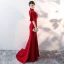 Chinese style Burgundy Evening Dresses  2017 Trumpet / Mermaid High Neck 1/2 Sleeves Appliques Flower Sequins Beading Court Train Formal Dresses